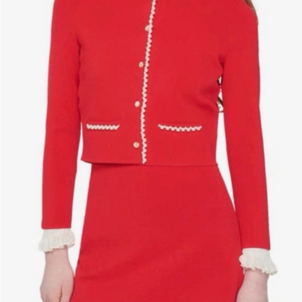 SANDRO Red Cropped Cardigan and Skirt Set SIZE 1 jacket and size 36 Skirt